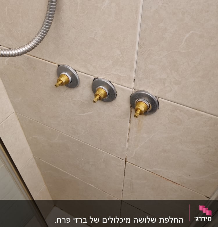 ברזי מים חשופים על קיר אריחים במקלחת